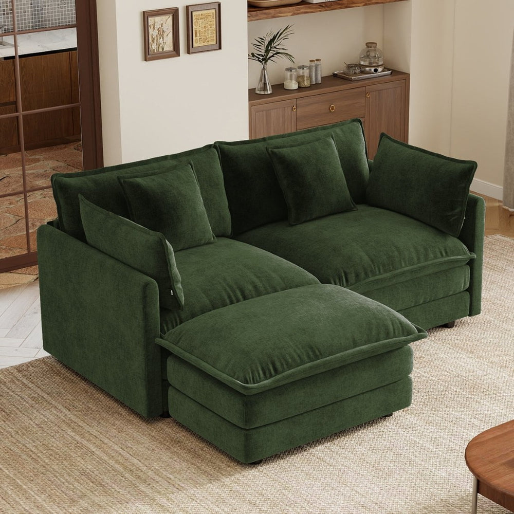 English Elm L-shaped Chenille Sectional Sofa with Ottoman Modular Seating for Compact Living Rooms Green W714S01981