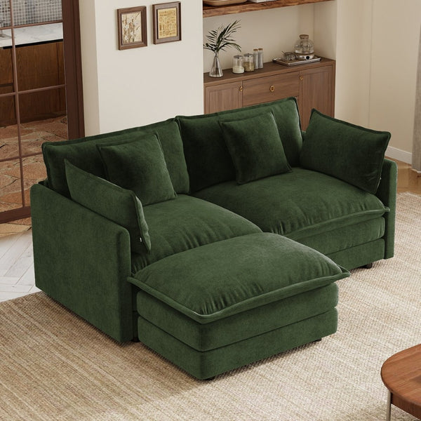 English Elm L-shaped Chenille Sectional Sofa with Ottoman Modular Seating for Compact Living Rooms Green W714S01981