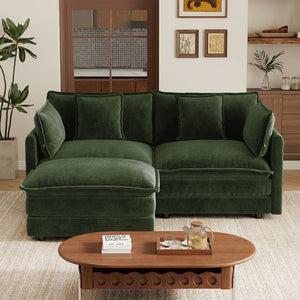 English Elm L-shaped Chenille Sectional Sofa with Ottoman Modular Seating for Compact Living Rooms Green W714S01981