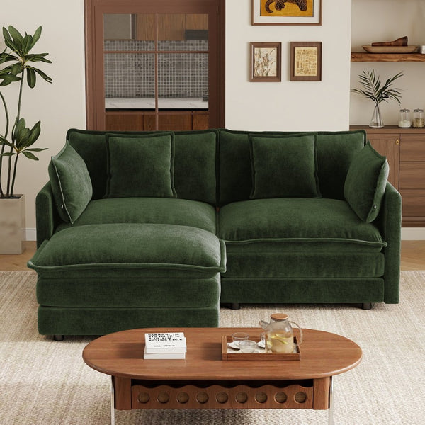 English Elm L-shaped Chenille Sectional Sofa with Ottoman Modular Seating for Compact Living Rooms Green W714S01981