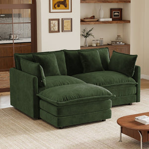 English Elm L-shaped Chenille Sectional Sofa with Ottoman Modular Seating for Compact Living Rooms Green W714S01981
