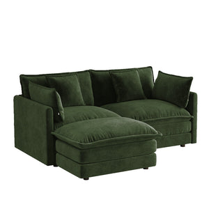 English Elm L-shaped Chenille Sectional Sofa with Ottoman Modular Seating for Compact Living Rooms Green W714S01981