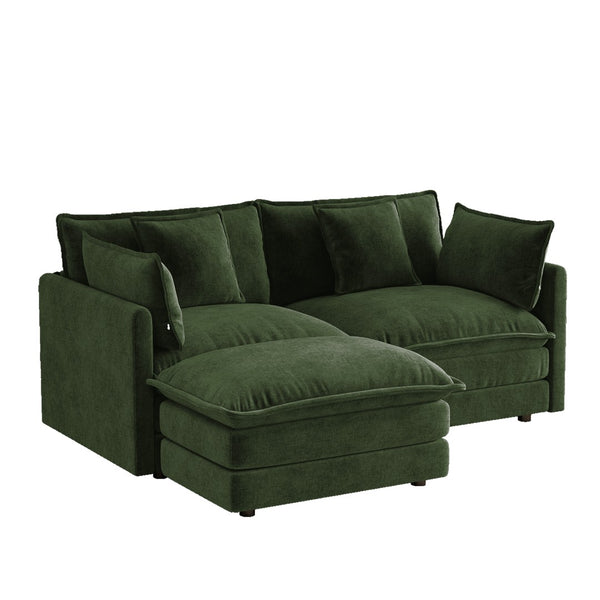 English Elm L-shaped Chenille Sectional Sofa with Ottoman Modular Seating for Compact Living Rooms Green W714S01981
