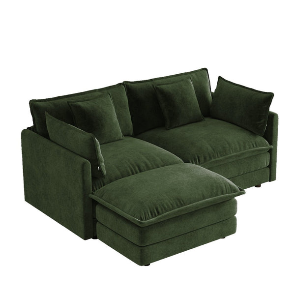 English Elm L-shaped Chenille Sectional Sofa with Ottoman Modular Seating for Compact Living Rooms Green W714S01981