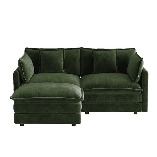English Elm L-shaped Chenille Sectional Sofa with Ottoman Modular Seating for Compact Living Rooms Green W714S01981