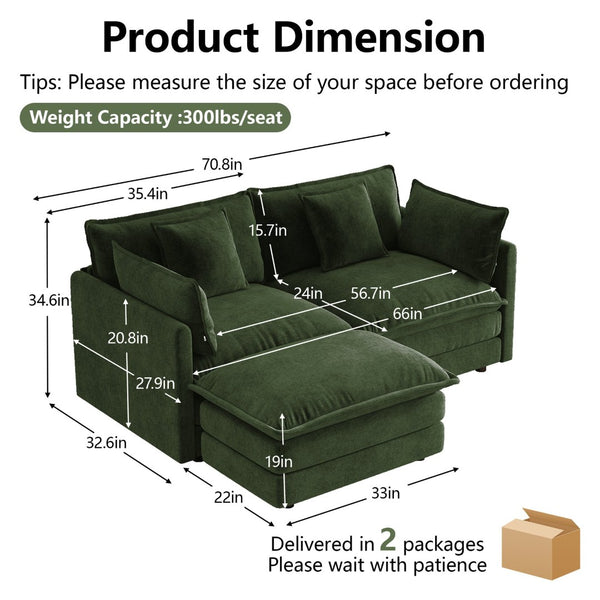 English Elm L-shaped Chenille Sectional Sofa with Ottoman Modular Seating for Compact Living Rooms Green W714S01981