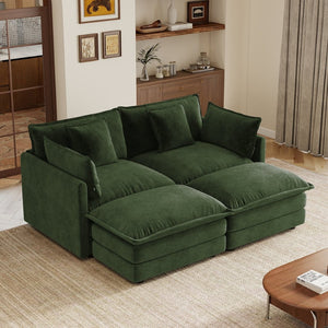 English Elm Two-seater Modular Chenille Sofa with Ottomans and Pillows for Compact Living Rooms Green W714S01982