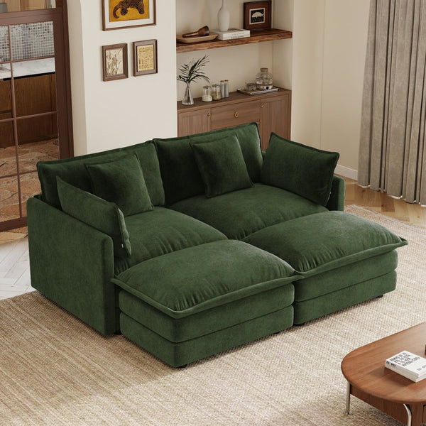 English Elm Two-seater Modular Chenille Sofa with Ottomans and Pillows for Compact Living Rooms Green W714S01982