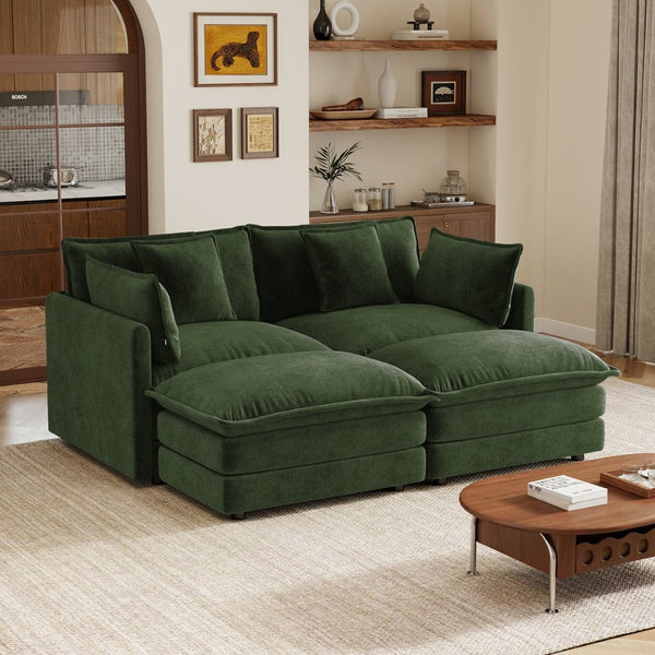 English Elm Two-seater Modular Chenille Sofa with Ottomans and Pillows for Compact Living Rooms Green W714S01982