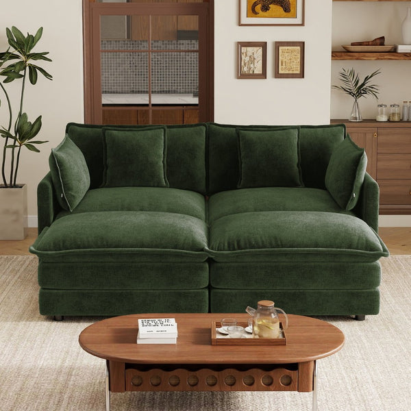 English Elm Two-seater Modular Chenille Sofa with Ottomans and Pillows for Compact Living Rooms Green W714S01982