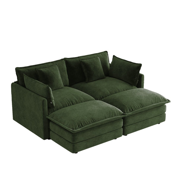 English Elm Two-seater Modular Chenille Sofa with Ottomans and Pillows for Compact Living Rooms Green W714S01982