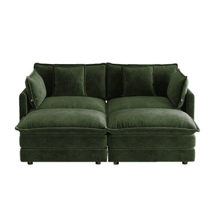 English Elm Two-seater Modular Chenille Sofa with Ottomans and Pillows for Compact Living Rooms Green W714S01982