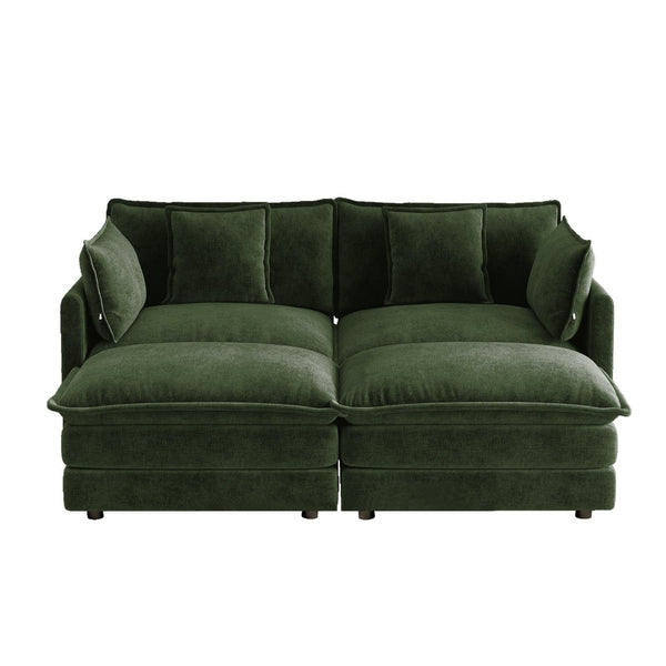 English Elm Two-seater Modular Chenille Sofa with Ottomans and Pillows for Compact Living Rooms Green W714S01982