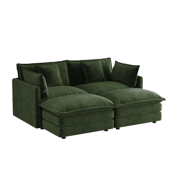 English Elm Two-seater Modular Chenille Sofa with Ottomans and Pillows for Compact Living Rooms Green W714S01982