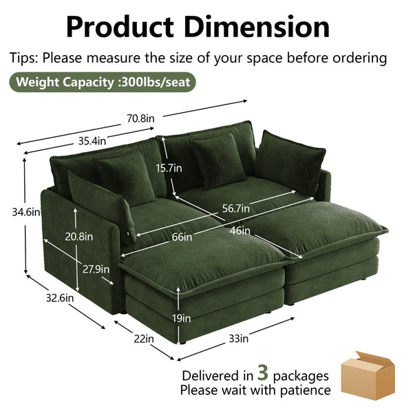 English Elm Two-seater Modular Chenille Sofa with Ottomans and Pillows for Compact Living Rooms Green W714S01982