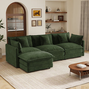English Elm Oversize Modular Sectional Sofa with Ottoman Chenille Upholstered Living Room Lounger Green W714S01983