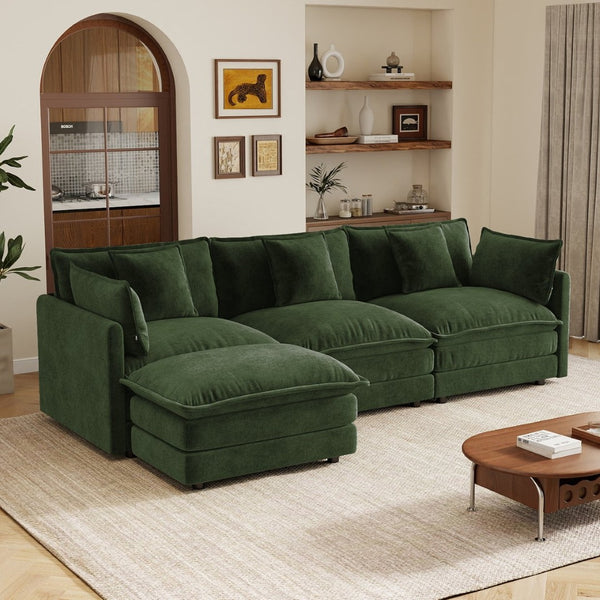 English Elm Oversize Modular Sectional Sofa with Ottoman Chenille Upholstered Living Room Lounger Green W714S01983