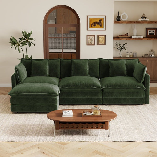 English Elm Oversize Modular Sectional Sofa with Ottoman Chenille Upholstered Living Room Lounger Green W714S01983