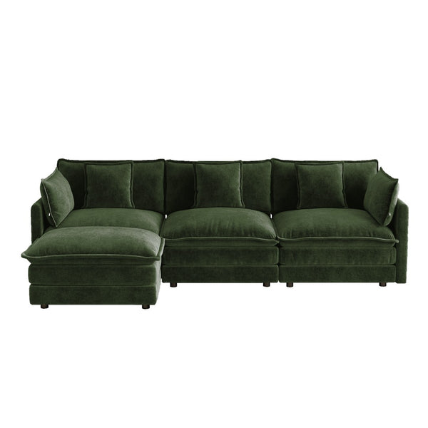 English Elm Oversize Modular Sectional Sofa with Ottoman Chenille Upholstered Living Room Lounger Green W714S01983