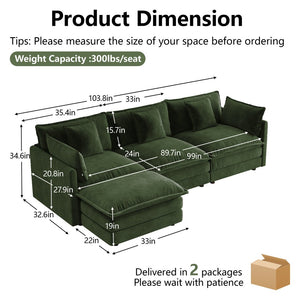 English Elm Oversize Modular Sectional Sofa with Ottoman Chenille Upholstered Living Room Lounger Green W714S01983