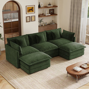 English Elm U-shaped Sectional Sofa Modular Chenille Couch with Two Reversible Ottomans Living Room Green W714S01984