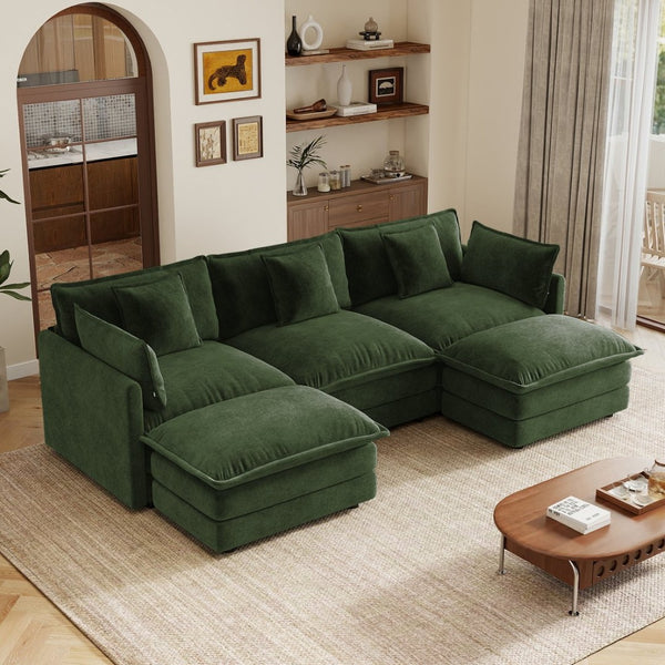 English Elm U-shaped Sectional Sofa Modular Chenille Couch with Two Reversible Ottomans Living Room Green W714S01984