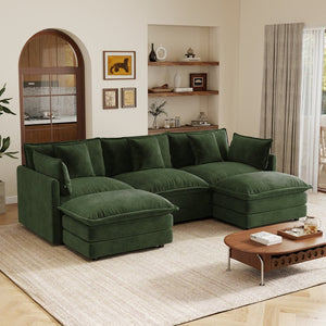 English Elm U-shaped Sectional Sofa Modular Chenille Couch with Two Reversible Ottomans Living Room Green W714S01984