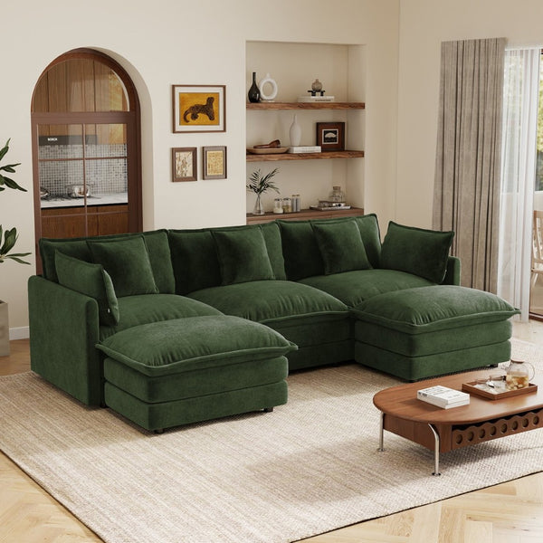 English Elm U-shaped Sectional Sofa Modular Chenille Couch with Two Reversible Ottomans Living Room Green W714S01984
