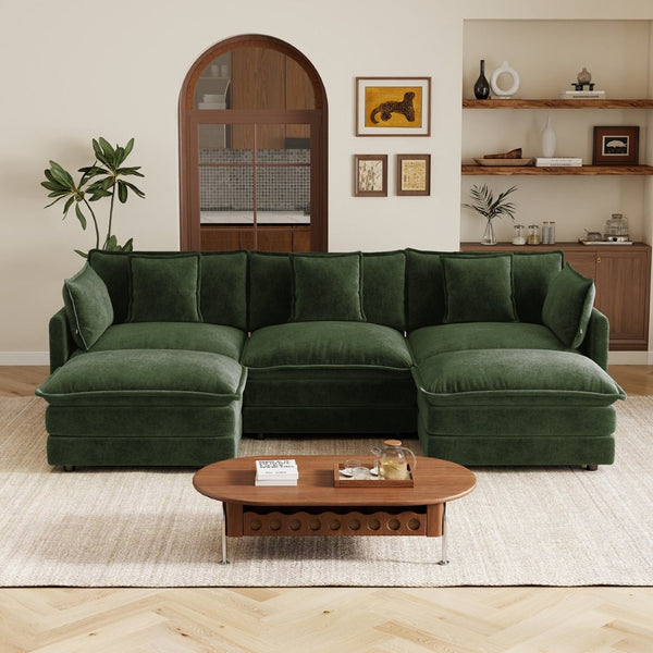 English Elm U-shaped Sectional Sofa Modular Chenille Couch with Two Reversible Ottomans Living Room Green W714S01984