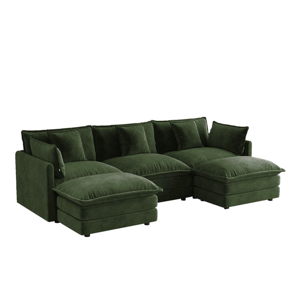 English Elm U-shaped Sectional Sofa Modular Chenille Couch with Two Reversible Ottomans Living Room Green W714S01984