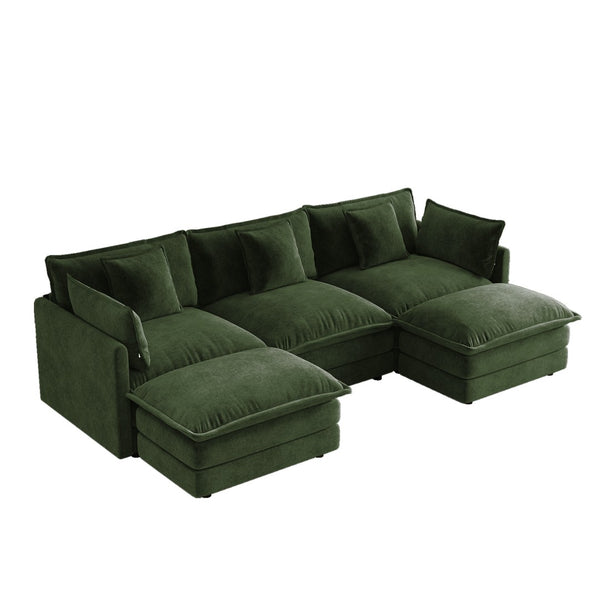 English Elm U-shaped Sectional Sofa Modular Chenille Couch with Two Reversible Ottomans Living Room Green W714S01984
