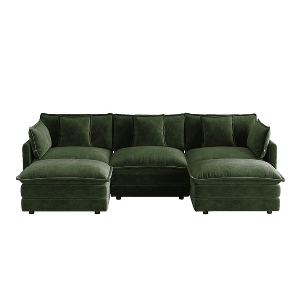English Elm U-shaped Sectional Sofa Modular Chenille Couch with Two Reversible Ottomans Living Room Green W714S01984