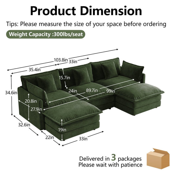 English Elm U-shaped Sectional Sofa Modular Chenille Couch with Two Reversible Ottomans Living Room Green W714S01984