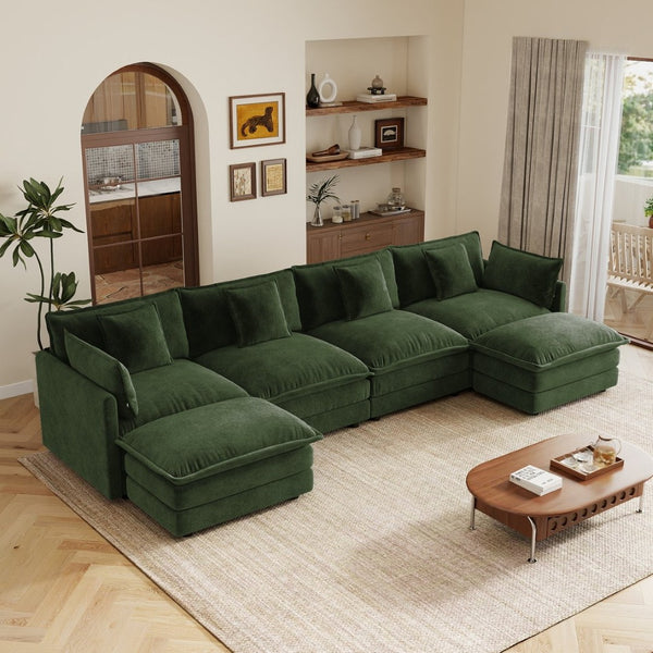 English Elm Oversized U-shaped Modular Sectional Sofa in Chenille with Ottomans for Living Room Green W714S01986