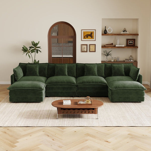 English Elm Oversized U-shaped Modular Sectional Sofa in Chenille with Ottomans for Living Room Green W714S01986