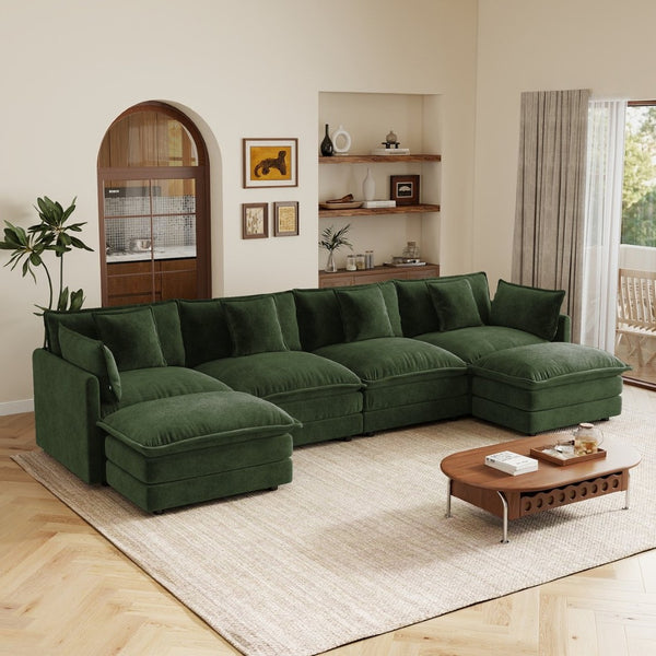 English Elm Oversized U-shaped Modular Sectional Sofa in Chenille with Ottomans for Living Room Green W714S01986