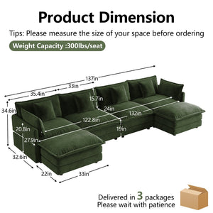 English Elm Oversized U-shaped Modular Sectional Sofa in Chenille with Ottomans for Living Room Green W714S01986