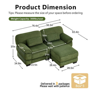 English Elm Cloud Couch Modular L-Shaped Sectional with Ottoman Corduroy Memory Foam Seating Green W714S01989