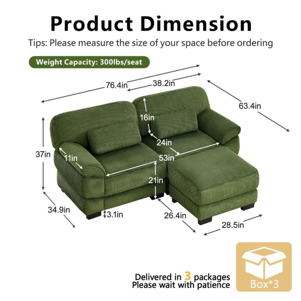 English Elm Cloud Couch Modular L-Shaped Sectional with Ottoman Corduroy Memory Foam Seating Green W714S01989