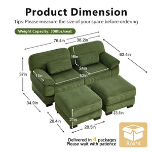 English Elm Cloud Couch Modular U-Shaped Sectional with Memory Foam Corduroy Upholstery for Living Room Green W714S01990
