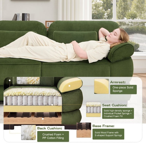 English Elm Cloud Couch Modular U-Shaped Sectional with Memory Foam Corduroy Upholstery for Living Room Green W714S01990