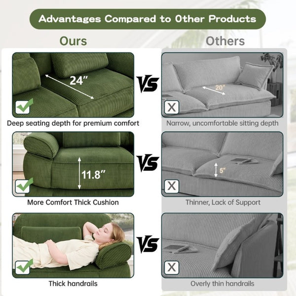 English Elm Cloud Couch Modular U-Shaped Sectional with Memory Foam Corduroy Upholstery for Living Room Green W714S01990