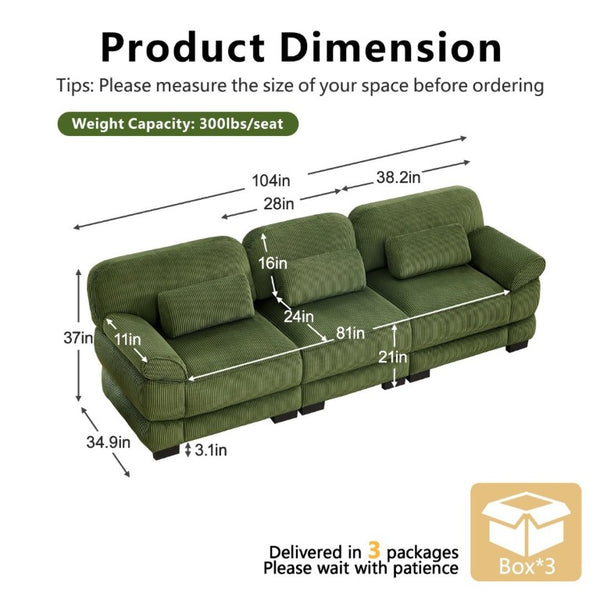 English Elm Cloud Couch Modular Sectional with Corduroy Cushions for a Cozy Living Room Lounge Green W714S01991
