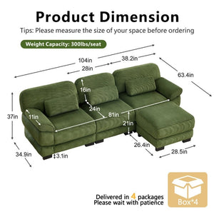 English Elm Cloud Modular L-Shaped Sectional Sofa with Deep Corduroy Cushions for Living Rooms Green W714S01992