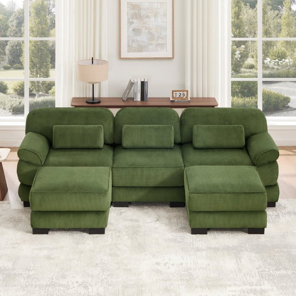 English Elm Cloud Modular U-Shaped Sectional Sofa with Corduroy Upholstery and Memory Foam Cushions Green W714S01993
