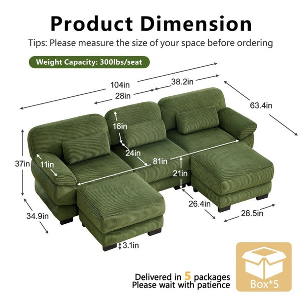 English Elm Cloud Modular U-Shaped Sectional Sofa with Corduroy Upholstery and Memory Foam Cushions Green W714S01993