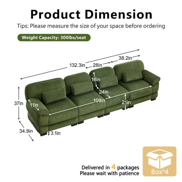 English Elm Cloud Modular Four Seat Sectional Sofa with Corduroy Cushions for Living Room Green W714S01995
