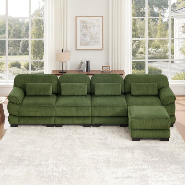 English Elm Cloud Couch Modular Sectional Corduroy Sofa with Deep Memory Foam Seats for Living Rooms Green W714S01996