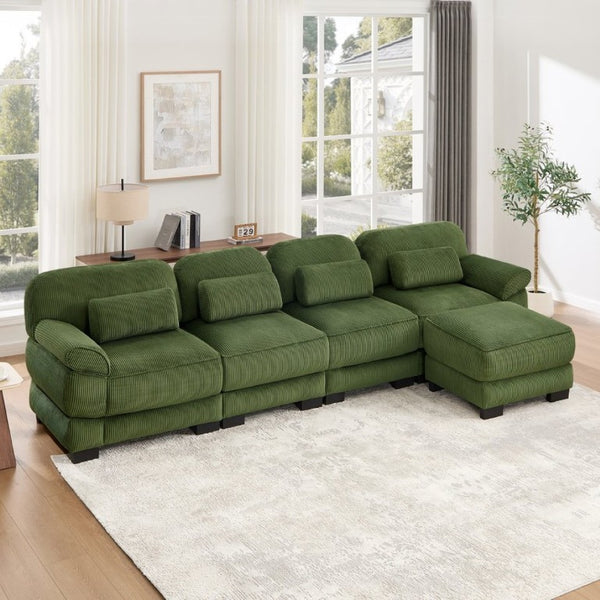 English Elm Cloud Couch Modular Sectional Corduroy Sofa with Deep Memory Foam Seats for Living Rooms Green W714S01996