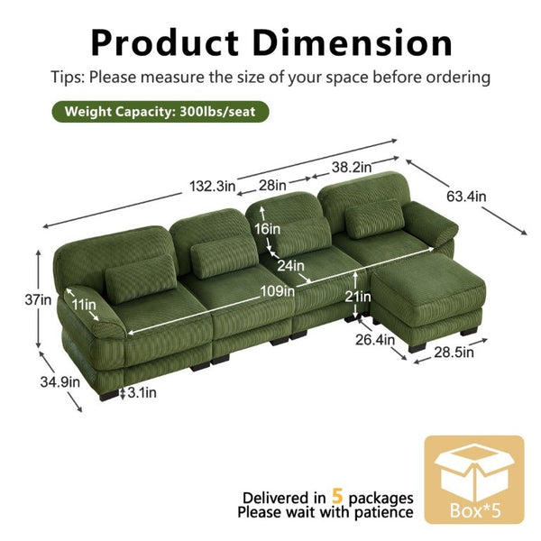 English Elm Cloud Couch Modular Sectional Corduroy Sofa with Deep Memory Foam Seats for Living Rooms Green W714S01996